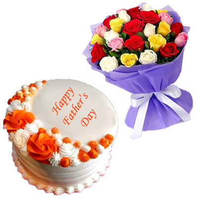 "Vanilla flavor Cake -1 kg, 25 mixed roses flower bunch - Click here to View more details about this Product